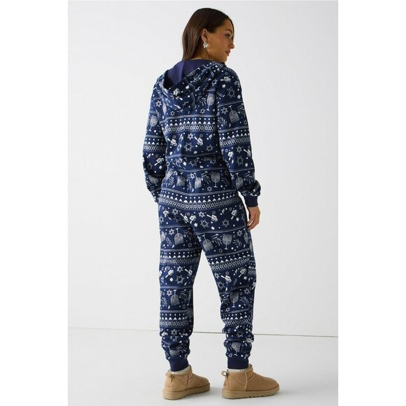 NWT Fabletics Cozy Fleece Hooded Onesie With Hanukkah Print Relaxed Fit Butter S - Picture 3 of 9